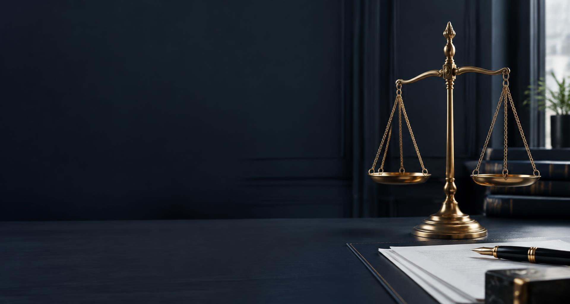 Balança de justiça em uma mesa de escritório jurídico